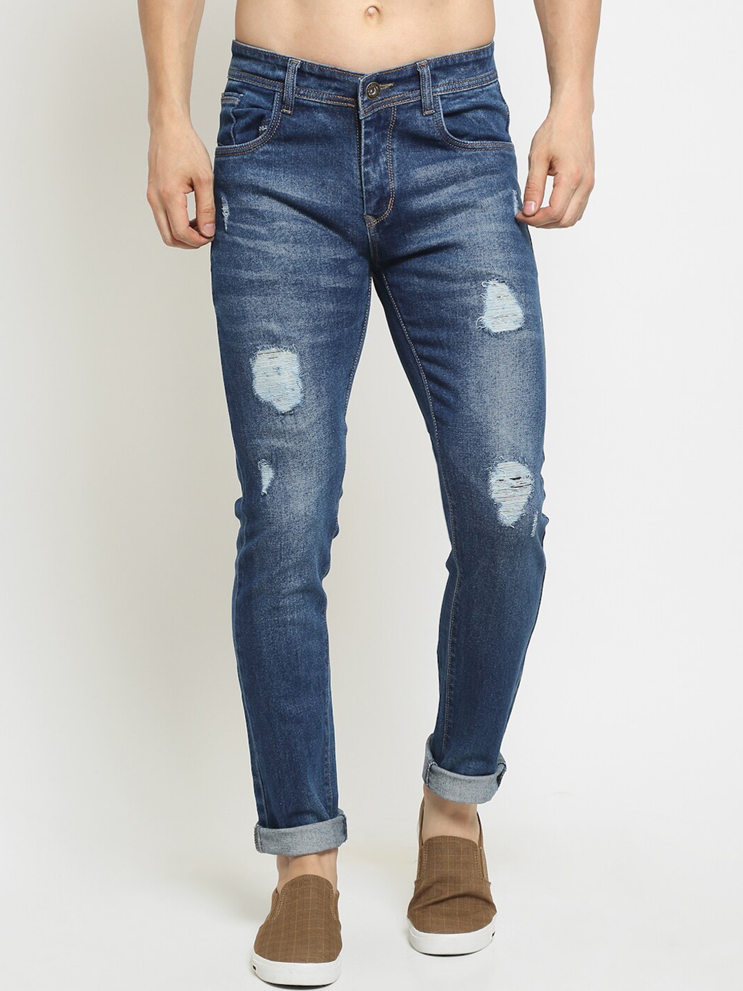 

Rodamo Men Blue Slim Fit Mildly Distressed Heavy Fade Stretchable Jeans