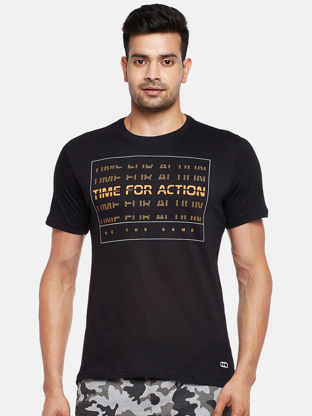 

Ajile by Pantaloons Men Black Yellow Typography Printed Slim Fit Pure Cotton T-shirt