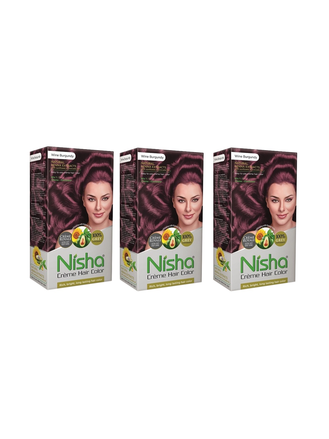 Nisha Unisex Burgundy Pack of 3 Creme Hair Color 120gm each- Wine Burgundy