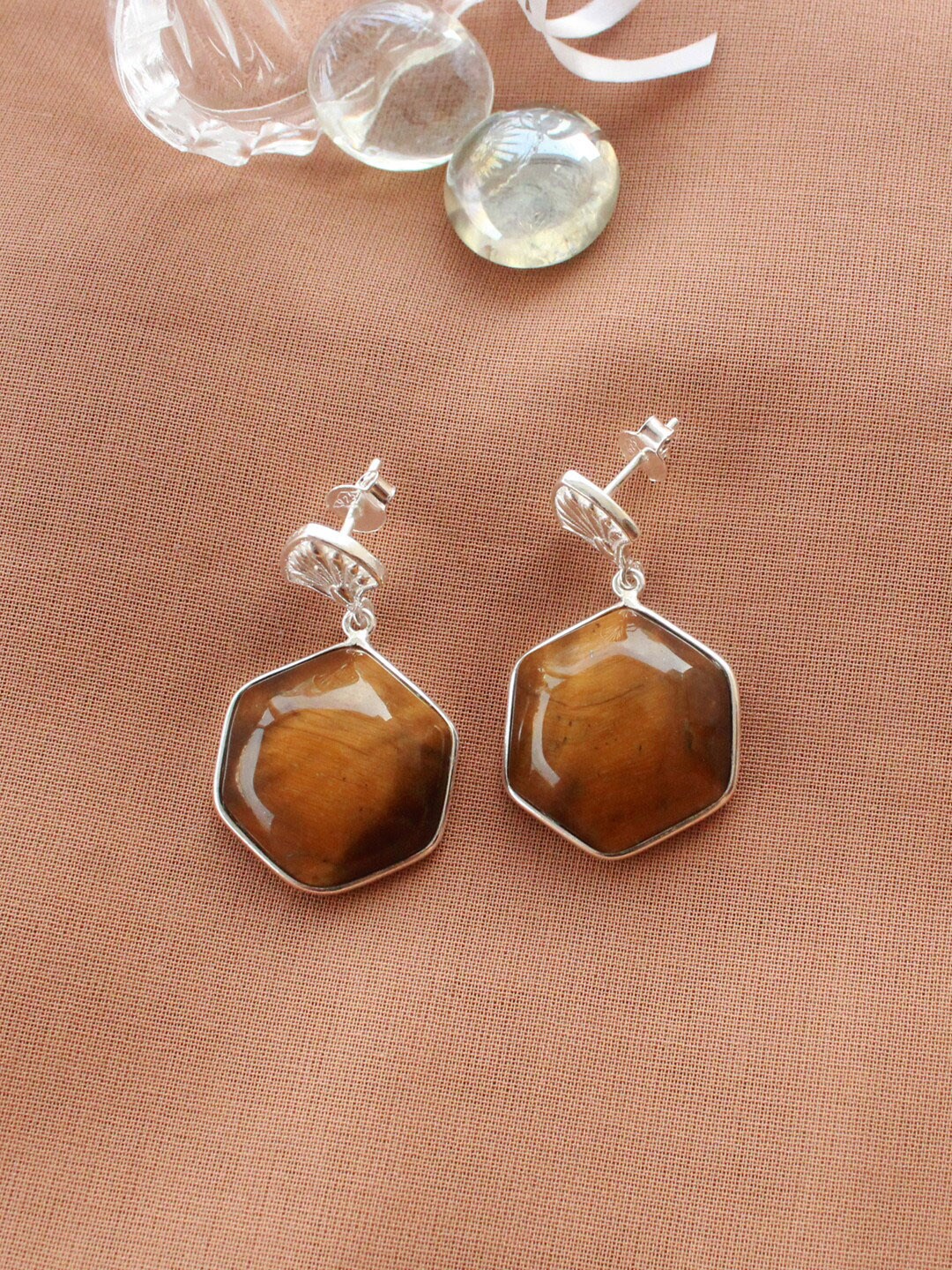 

ERILINE JEWELRY Silver Plated Silver & Brown Geometric Tiger Eye Drop Earrings