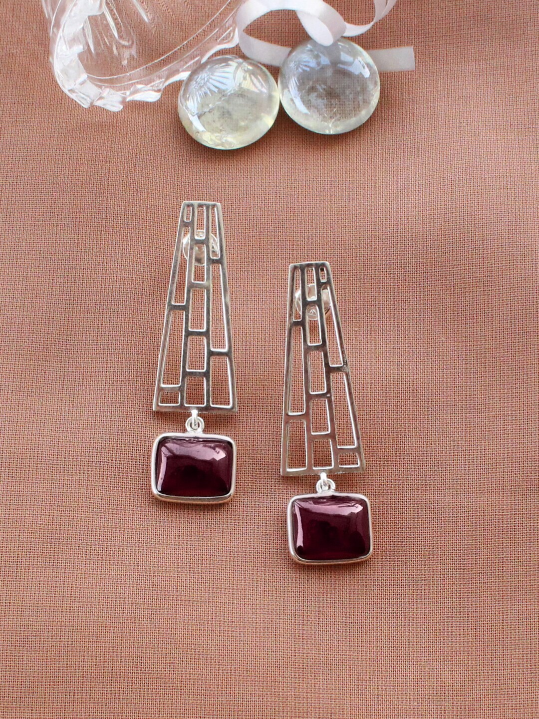 

ERILINE JEWELRY Silver Plated Silver & Maroon Contemporary Garnet Drop Earrings