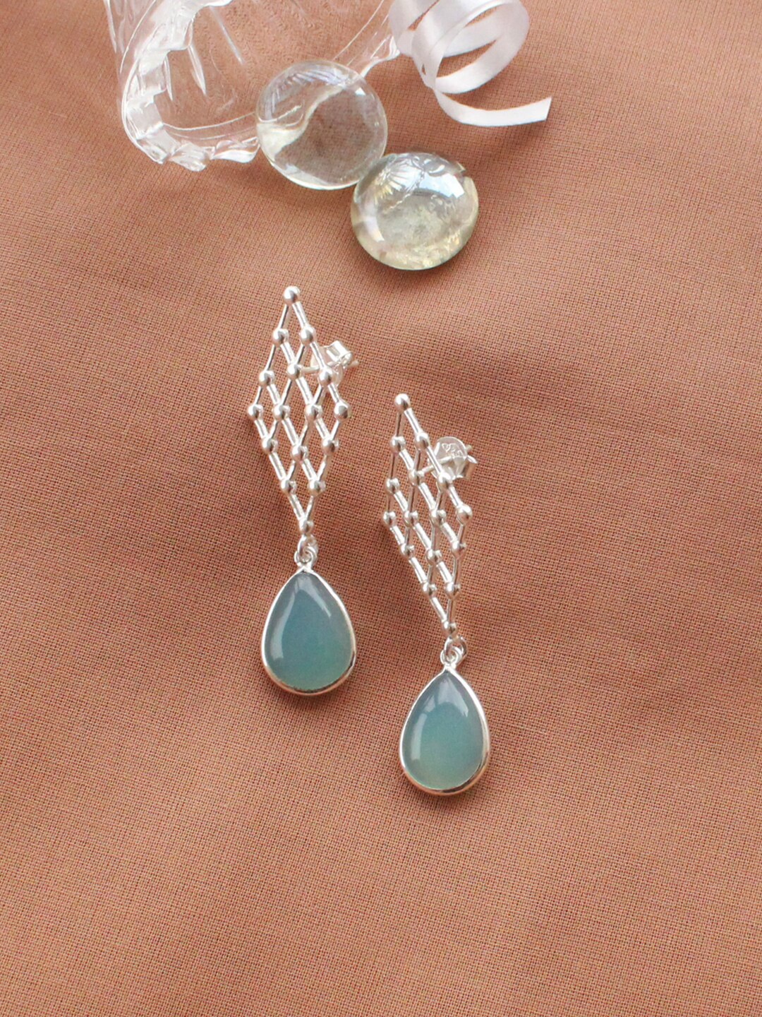 

ERILINE JEWELRY Silver-Plated Silver-Toned & Blue Chalcedony Contemporary Drop Earrings