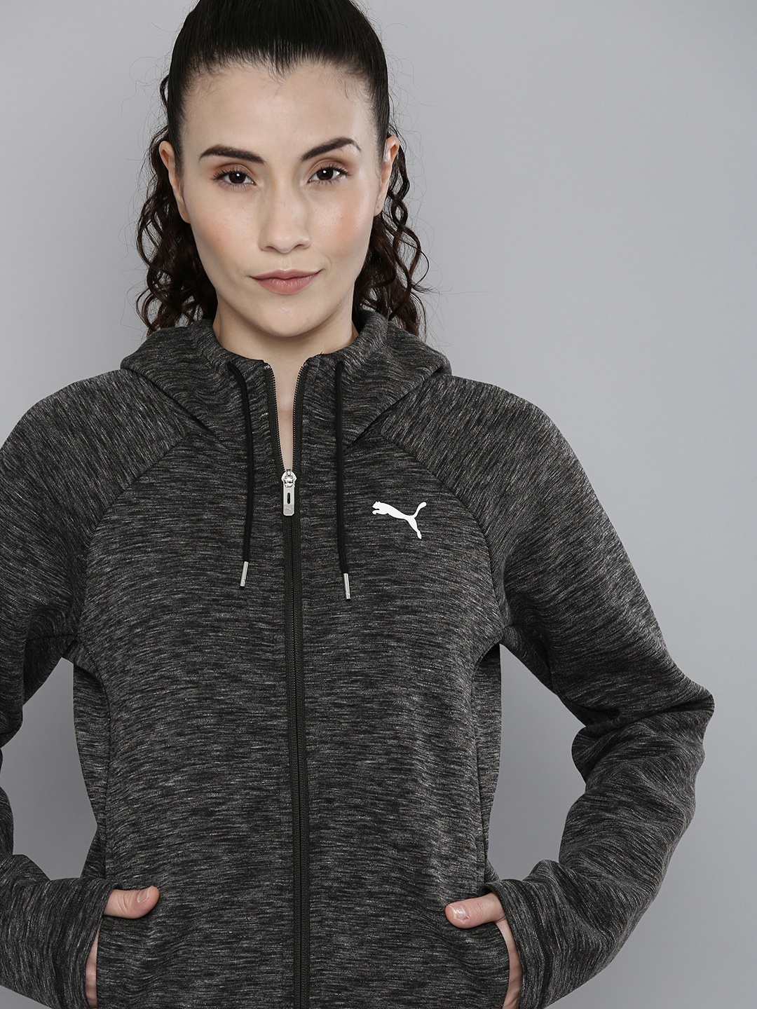 

Puma Women Black And Grey Printed Evostripe Hooded Sporty Jacket