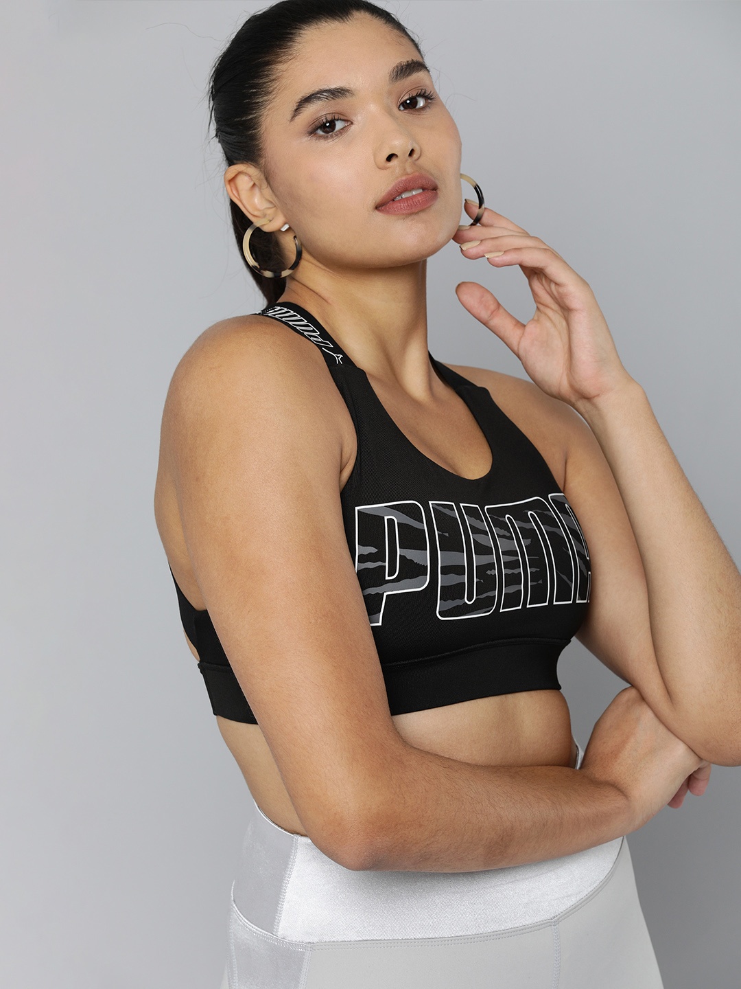 

Puma Black & Grey Brand Logo Printed Lightly Padded Mid Impact Feel Training Bra