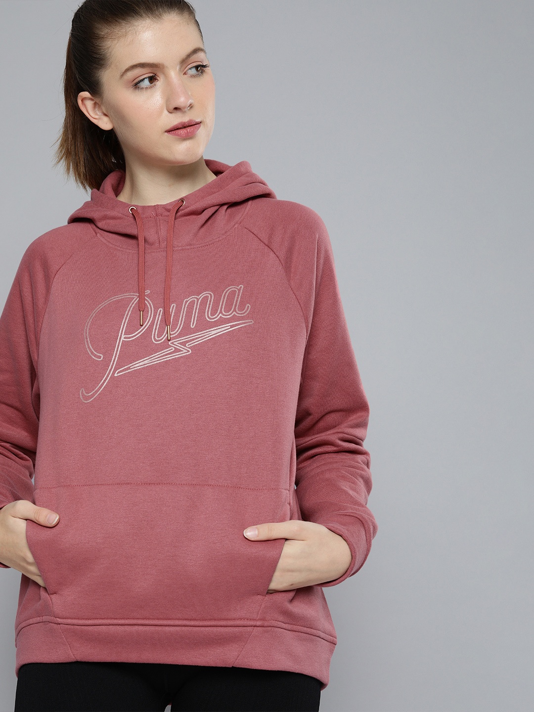 

Puma Women Mauve Logo Printed Hooded Pullover Sweatshirt