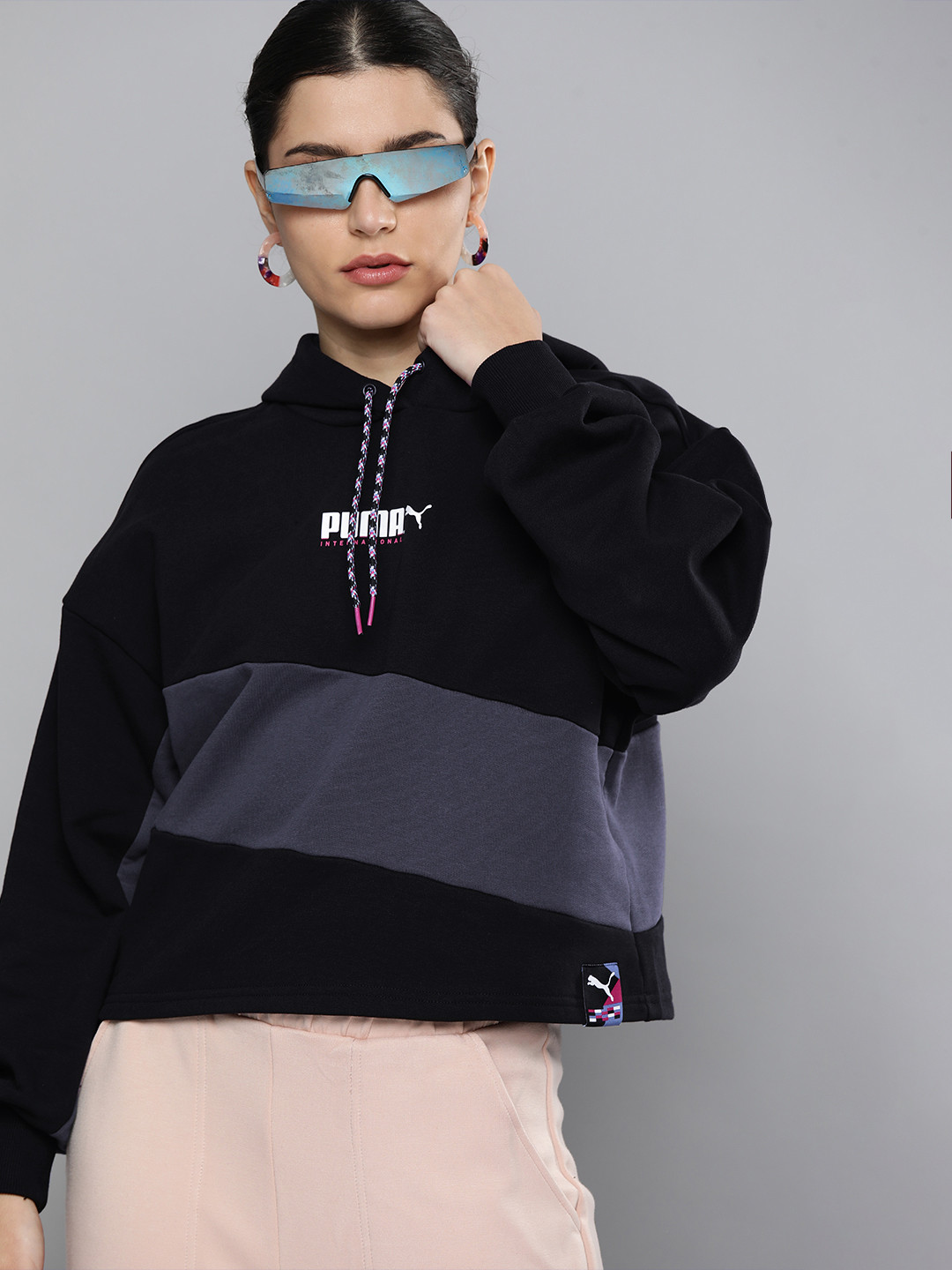 

Puma Women Black Colourblocked Loose Hooded Sweatshirt