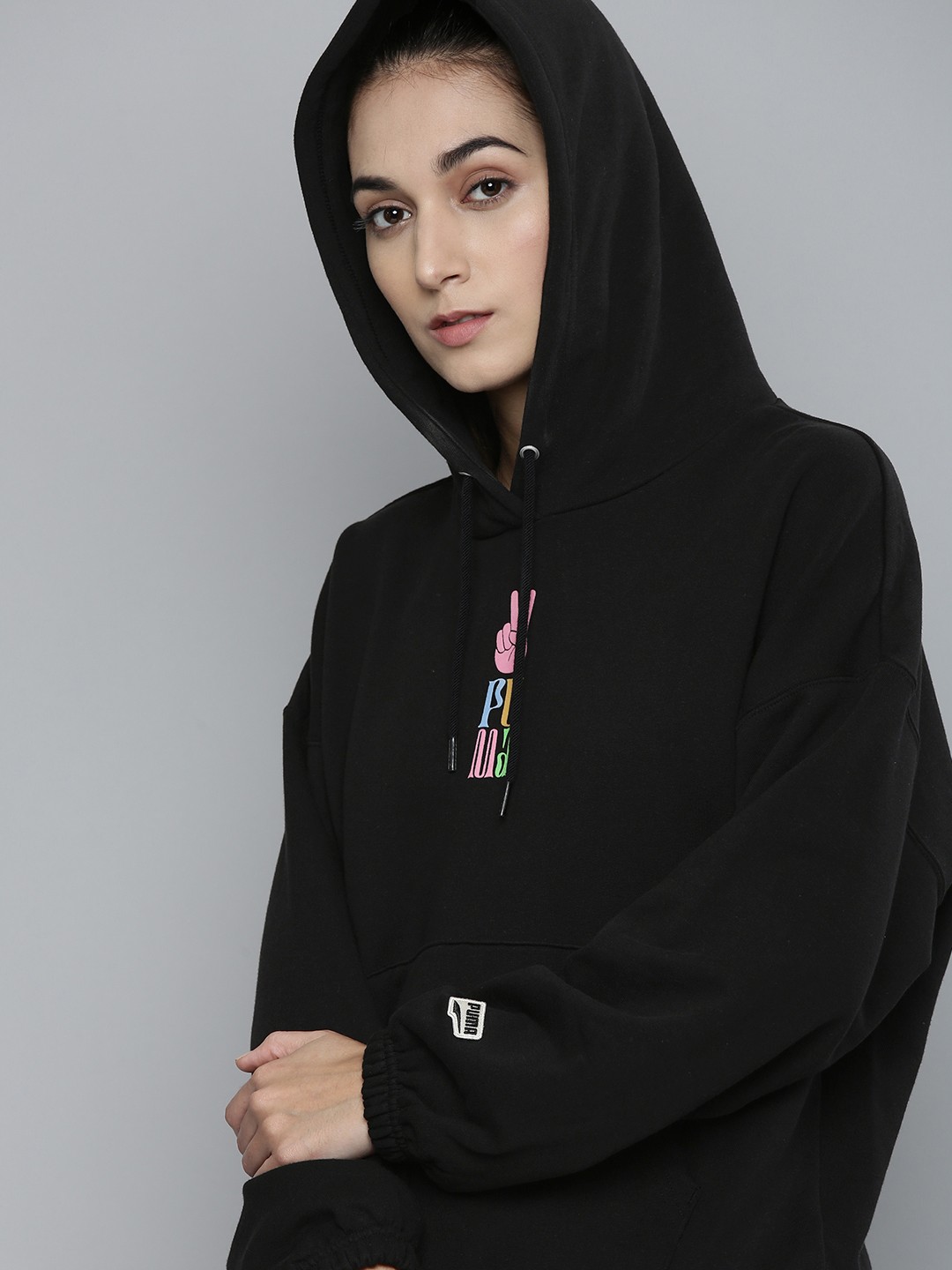

Puma Women Black Printed Downtown Loose Hooded Sweatshirt