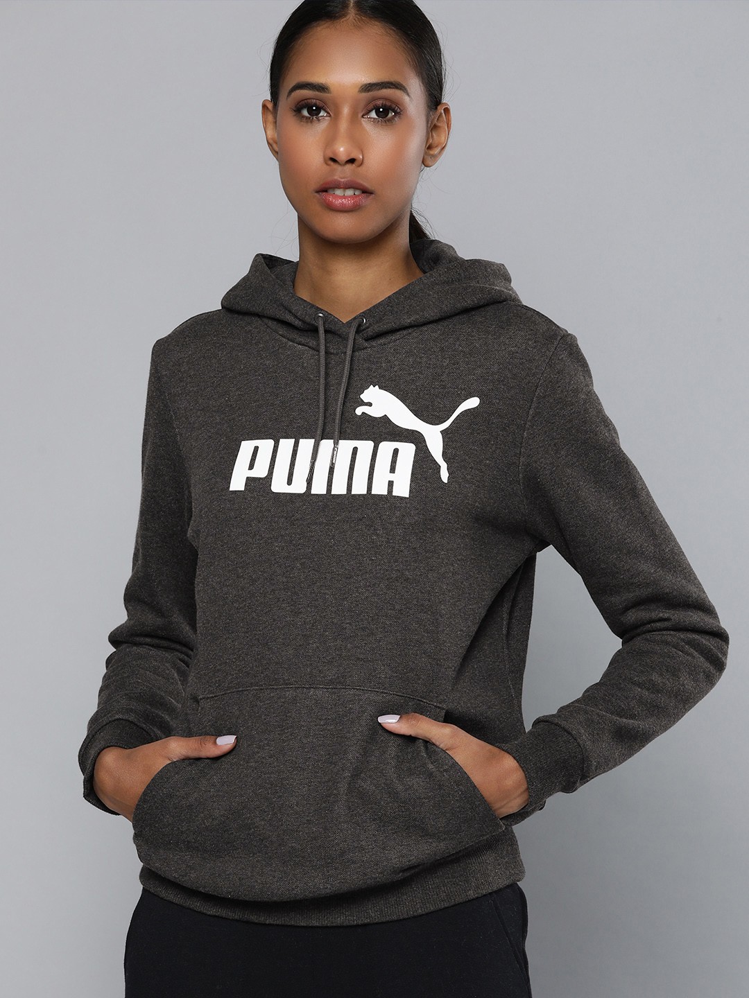 

Puma Women Grey Printed Essentials Logo Full-Zip Hooded Sweatshirt