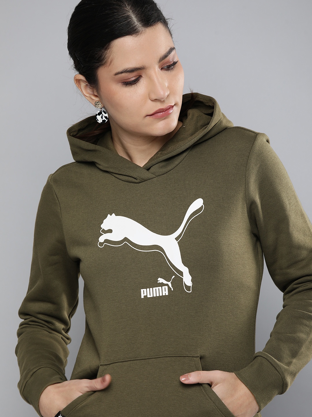 

Puma Women Khaki Logo Printed POWER Hooded Sweatshirt