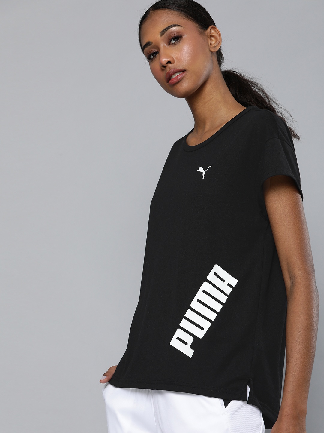 

Puma Women Black Brand Logo Printed Modern Sports dryCELL Loose Extended Sleeves T-shirt