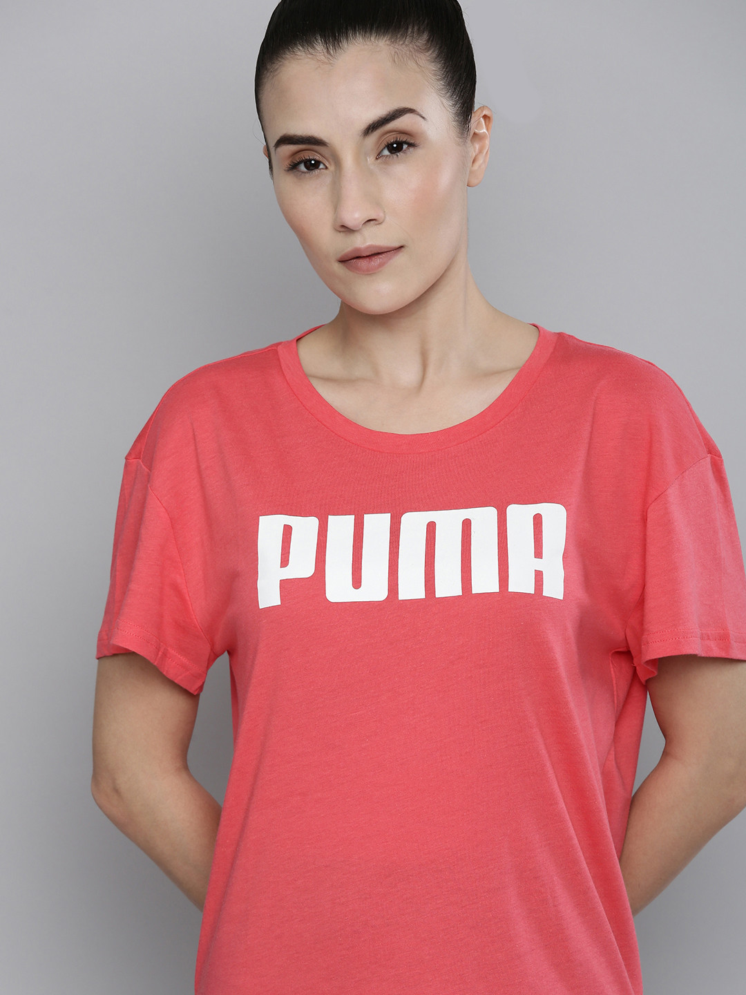 

Puma Women Pink & White RTG Logo Printed Extended Sleeves T-shirt