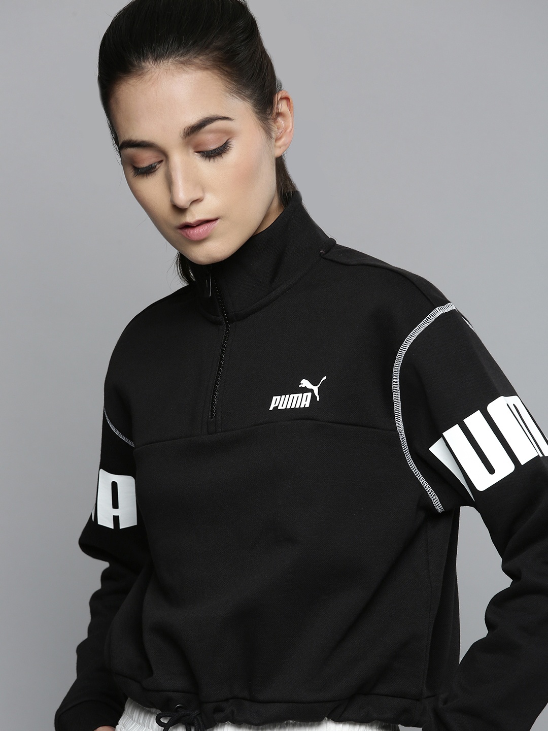 

Puma Women Black PUMA POWER Half-Zip Crew Loose Sweatshirt