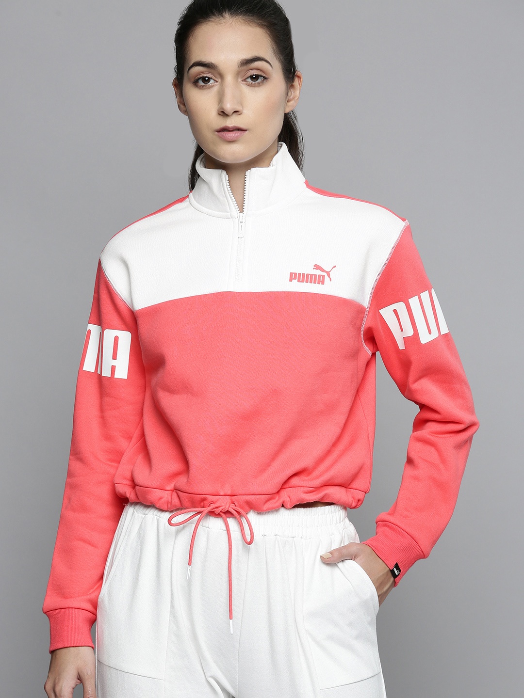 

PUMA POWER Women Pink & White Colourblocked Half-Zip Crew Loose Sweatshirt