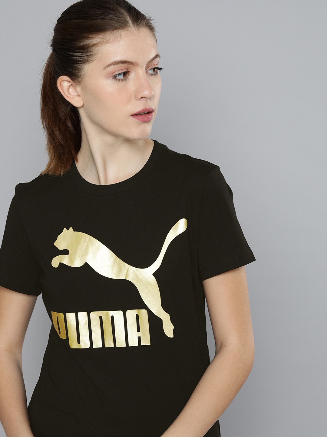 

Puma Women Black & Gold-Coloured Classic Logo Printed T-shirt