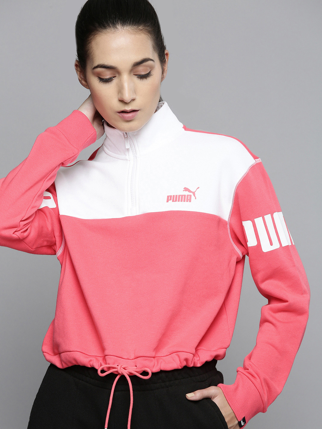 

PUMA POWER Women Pink & White Colourblocked Half-Zip Crew Loose Sweatshirt