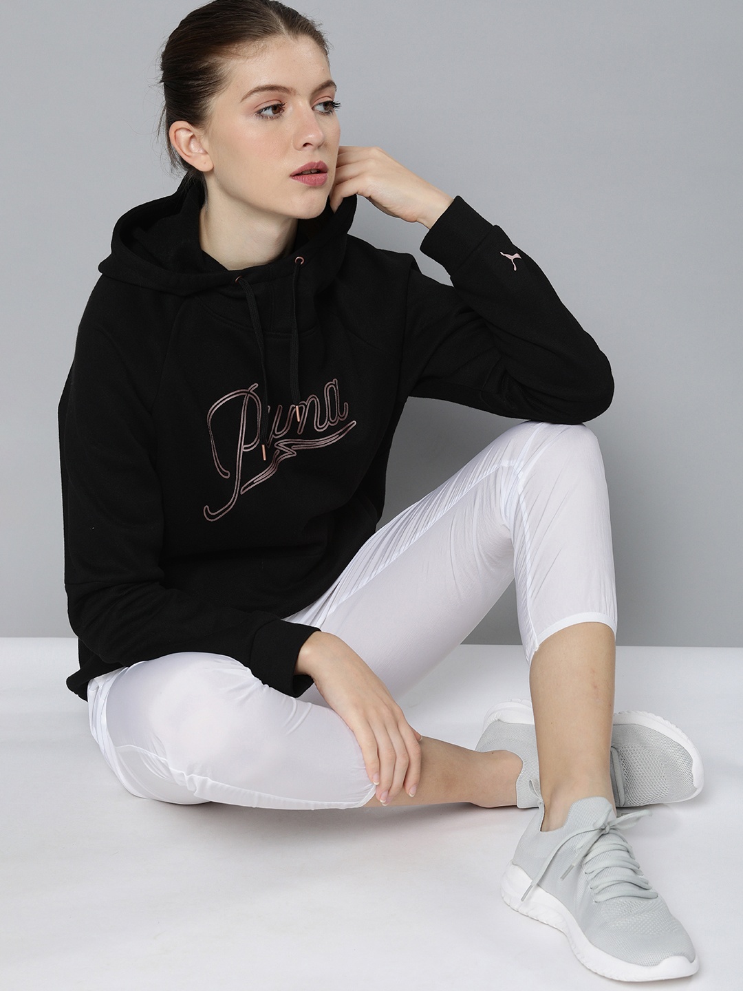 

Puma Women Black Logo Printed Hooded Moto Pullover Sweatshirt