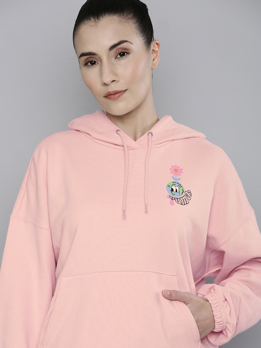 

Puma Women Pink Downtown Graphic Loose Hooded Sweatshirt With Printed Detail