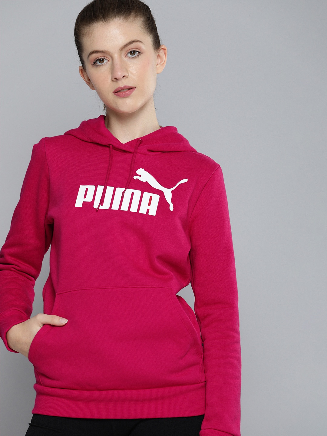 

Puma Women Red Logo Printed Hooded Essentials Pullover Sweatshirt