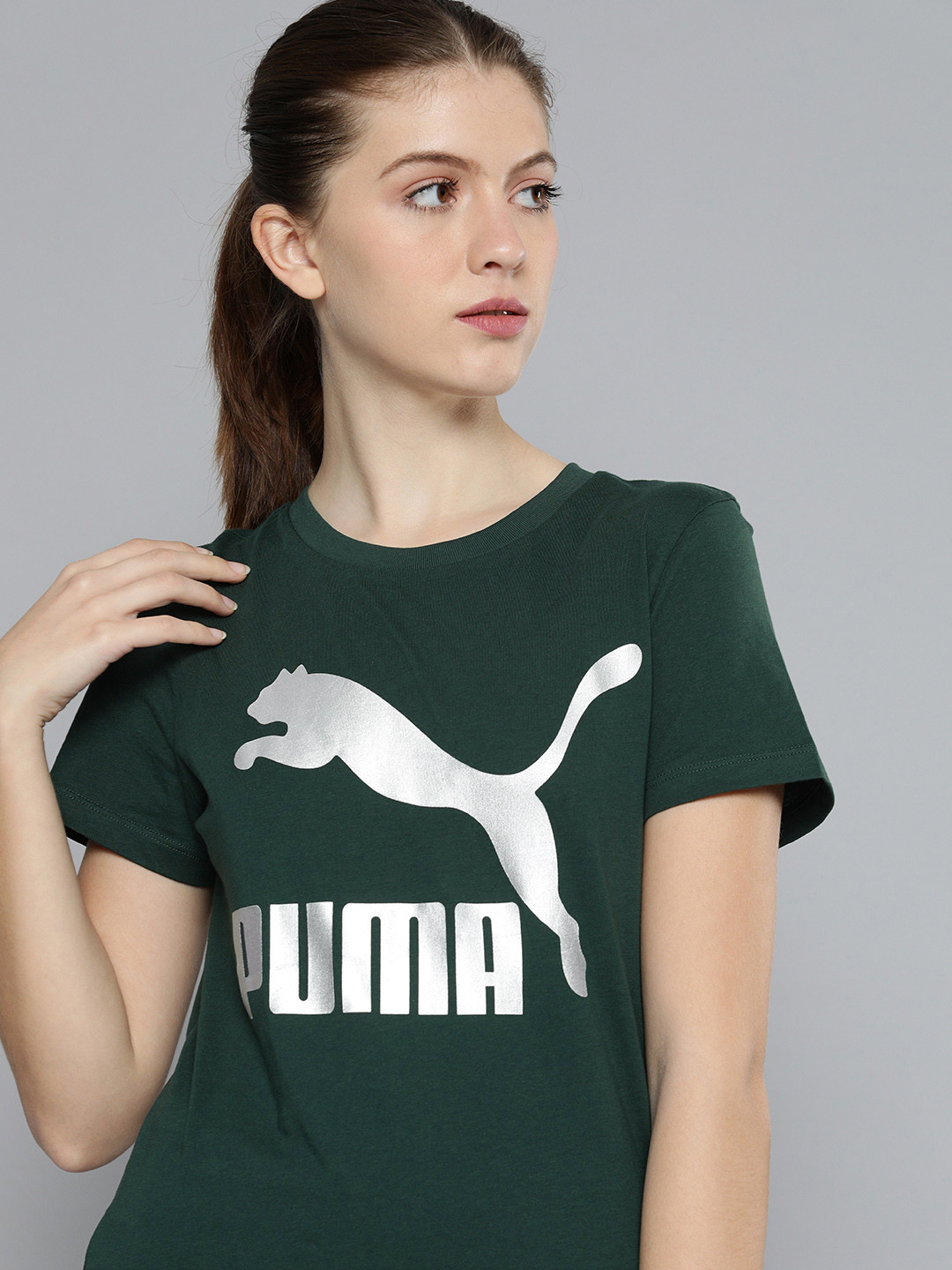 

Puma Women Green & Silver-Coloured Classic Logo Printed T-shirt