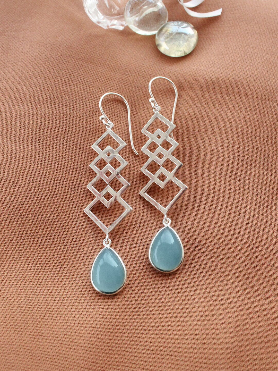 

ERILINE JEWELRY Silver Plated Blue Chalcedony Contemporary Drop Earrings