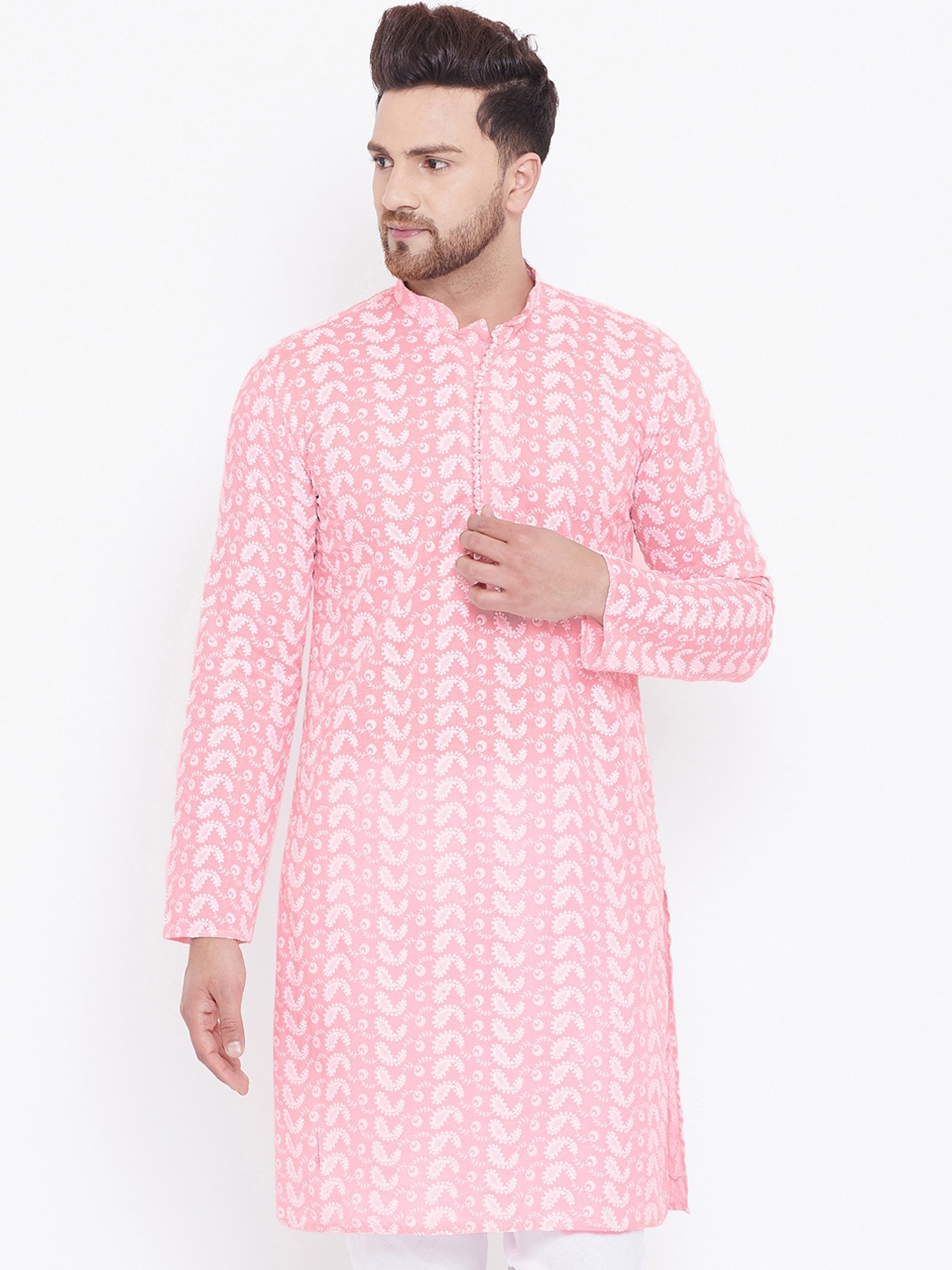 

VASTRAMAY Men Pink & White Paisley Embroidered Chikankari Pure Cotton Kurta