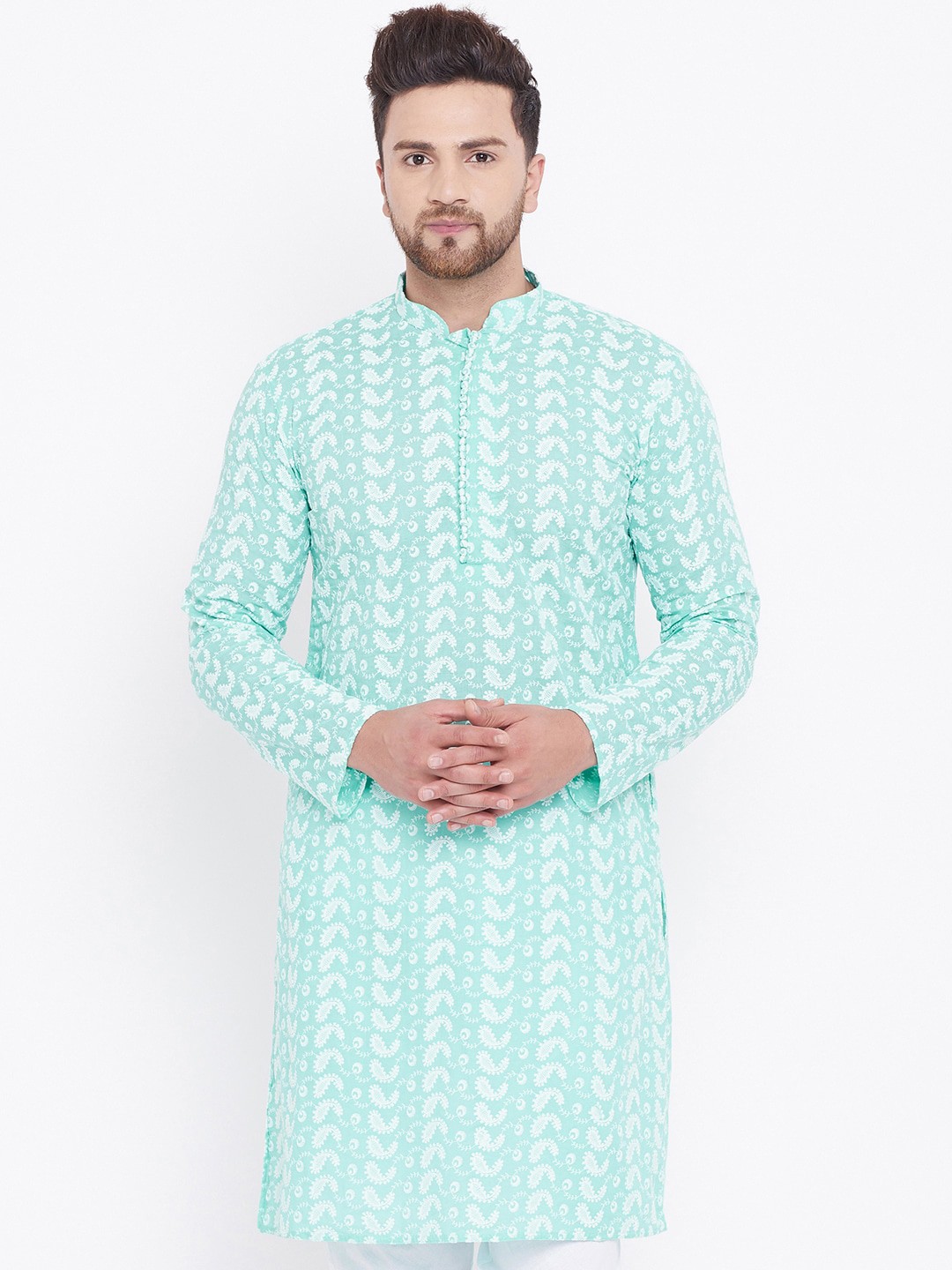 

VASTRAMAY Men Green & White Paisley Embroidered Chikankari Pure Cotton Kurta