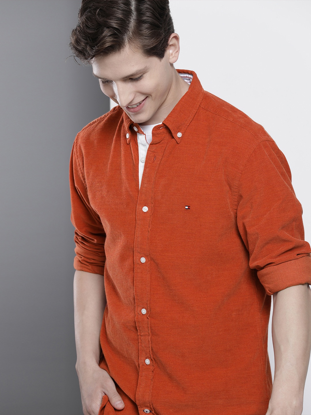 

Tommy Hilfiger Men Orange Solid Regular Fit Corduroy Pure Cotton Casual Shirt