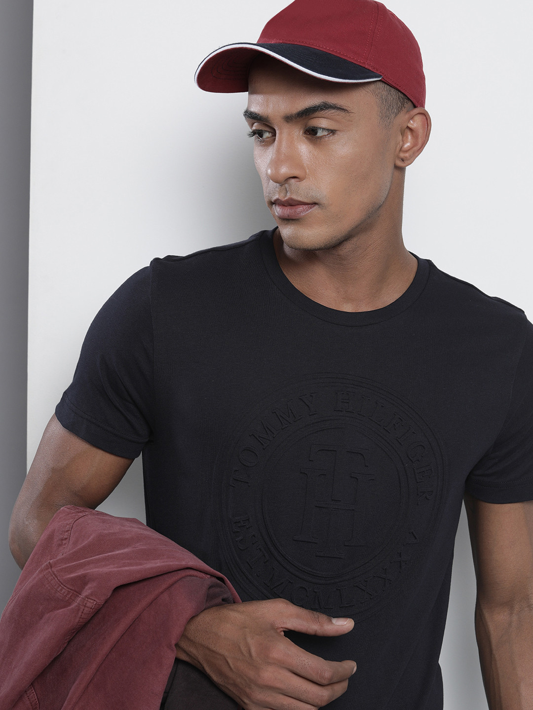 

Tommy Hilfiger Men Navy Blue Embossed Brand Logo Printed T-shirt