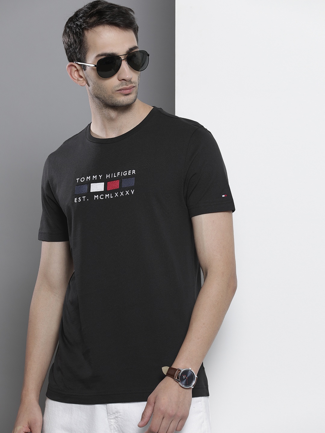 

Tommy Hilfiger Men Black Brand Logo Embroidered Pure Cotton T-shirt