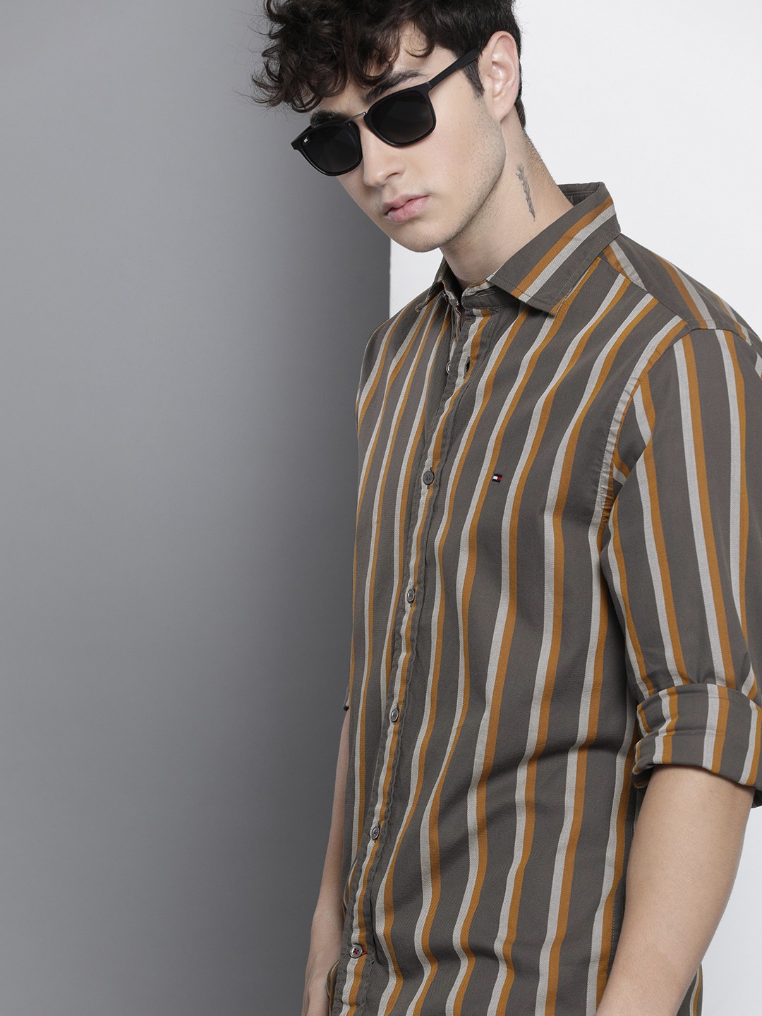 

Tommy Hilfiger Men Grey & Off-White Striped Casual Shirt