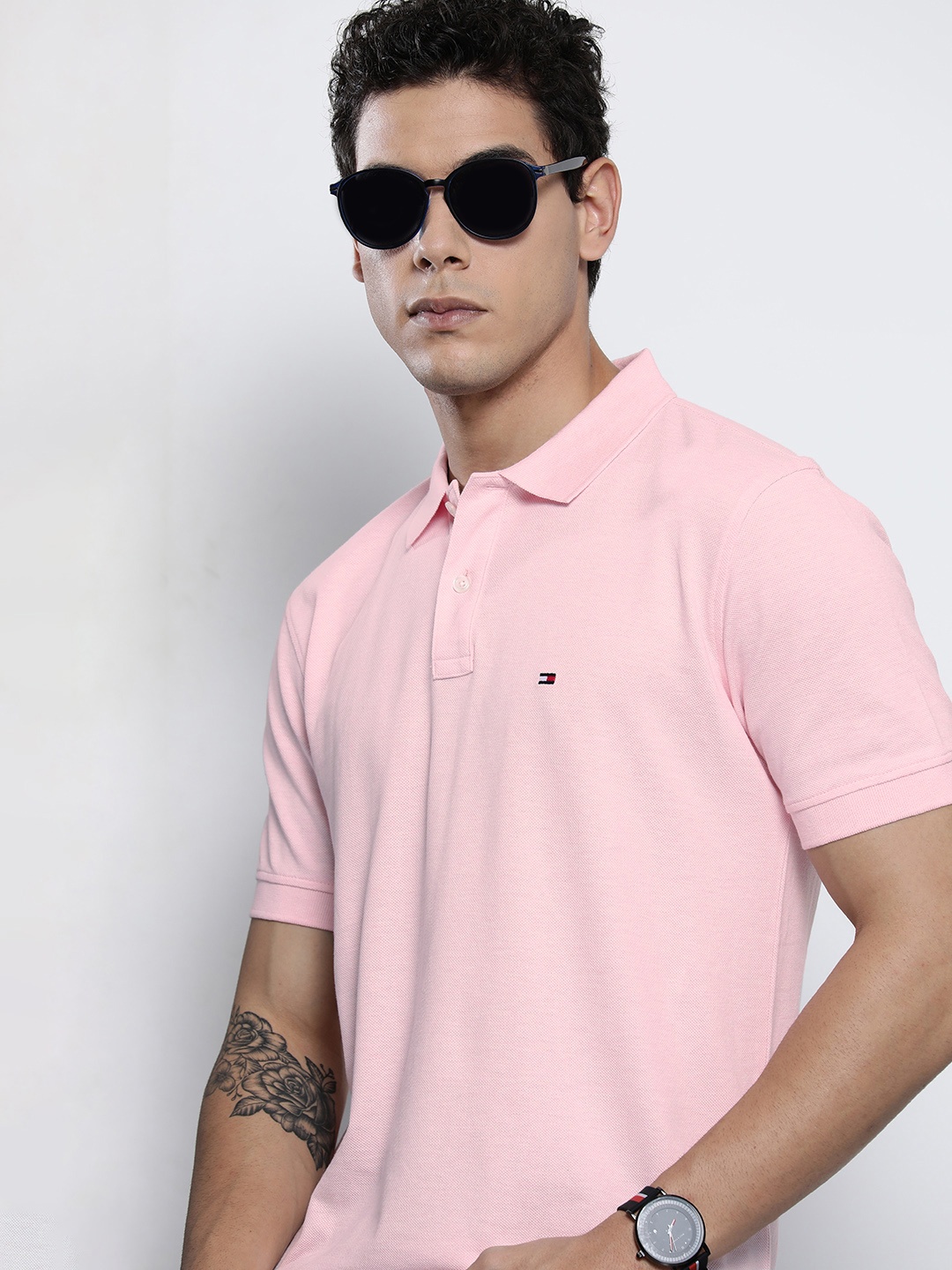 

Tommy Hilfiger Men Pink Self Designed Polo Collar Cotton Casual T-shirt