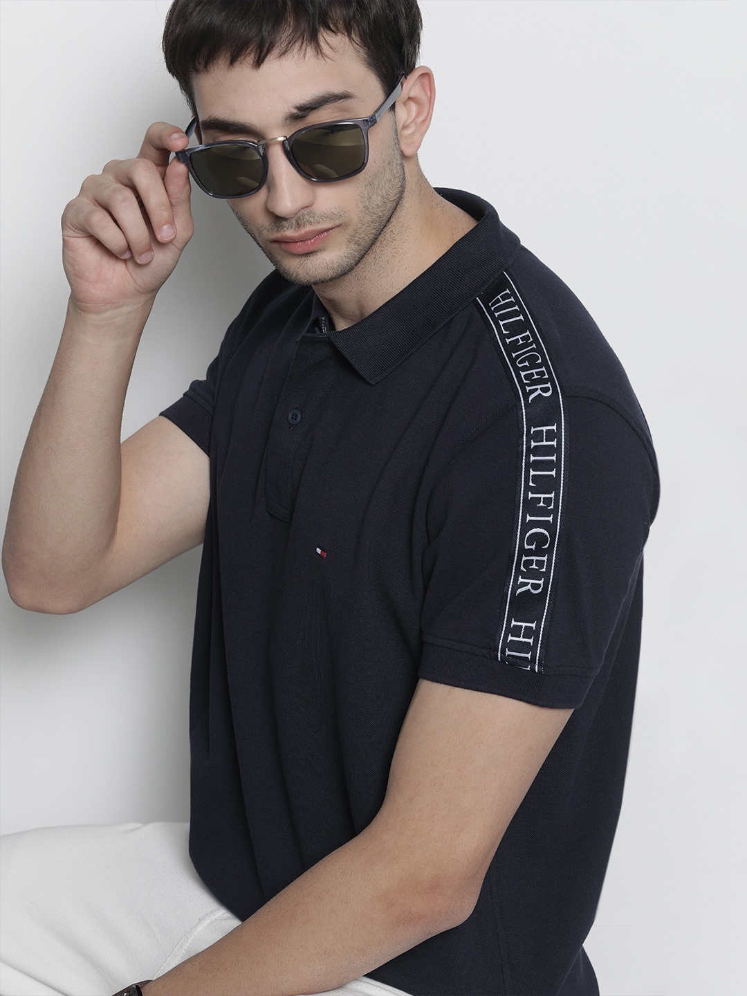

Tommy Hilfiger Men Navy Blue Polo Collar Pure Cotton T-shirt