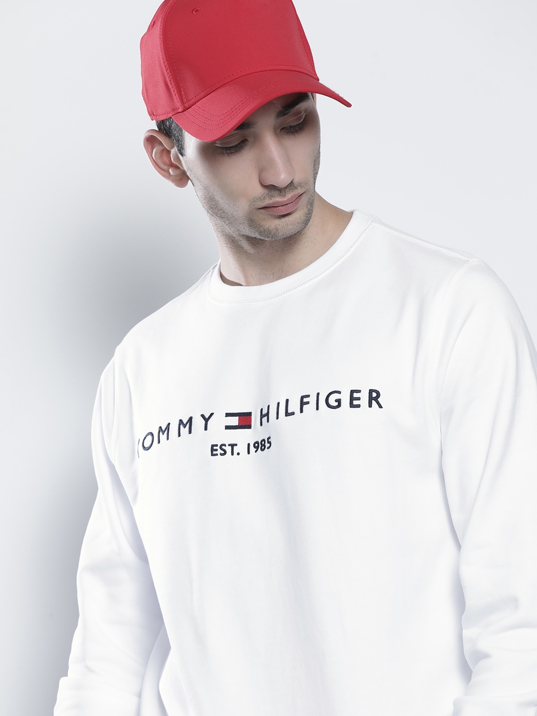 

Tommy Hilfiger Men White Logo Printed Pure Cotton Pullover Sweatshirt