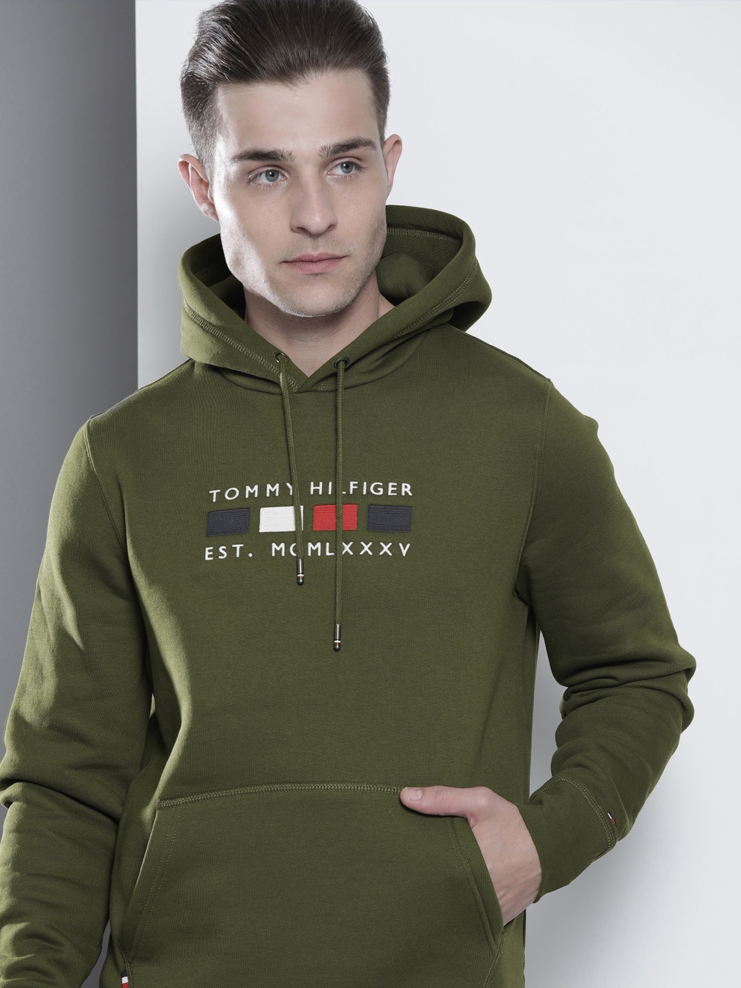 

Tommy Hilfiger Men Olive Green Embroidered Hooded Sweatshirt