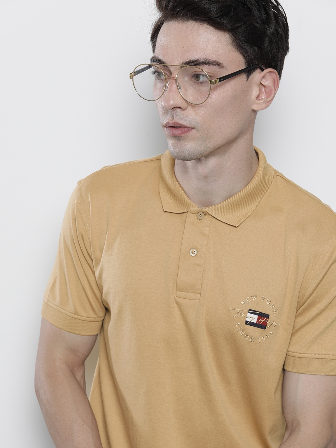 

Tommy Hilfiger Men Khaki ICON INTERLOCK Brand Logo Embroidered Polo Collar Pure Cotton T-shirt
