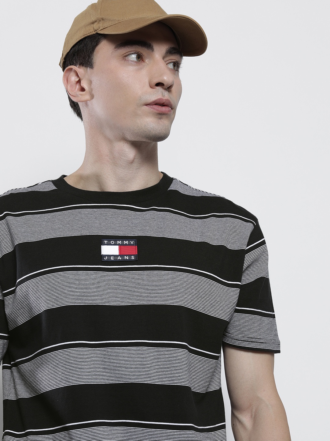 

Tommy Hilfiger Men Black White Striped Pure Cotton T-shirt