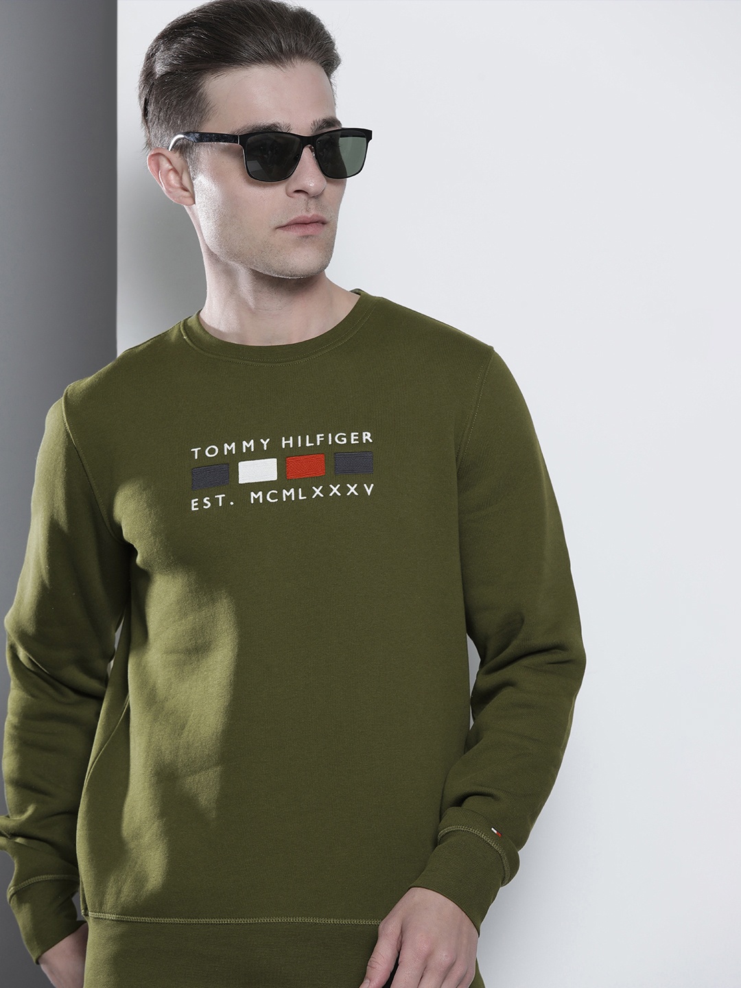 

Tommy Hilfiger Men Olive Green & White Brand Logo Embroidered Sweatshirt