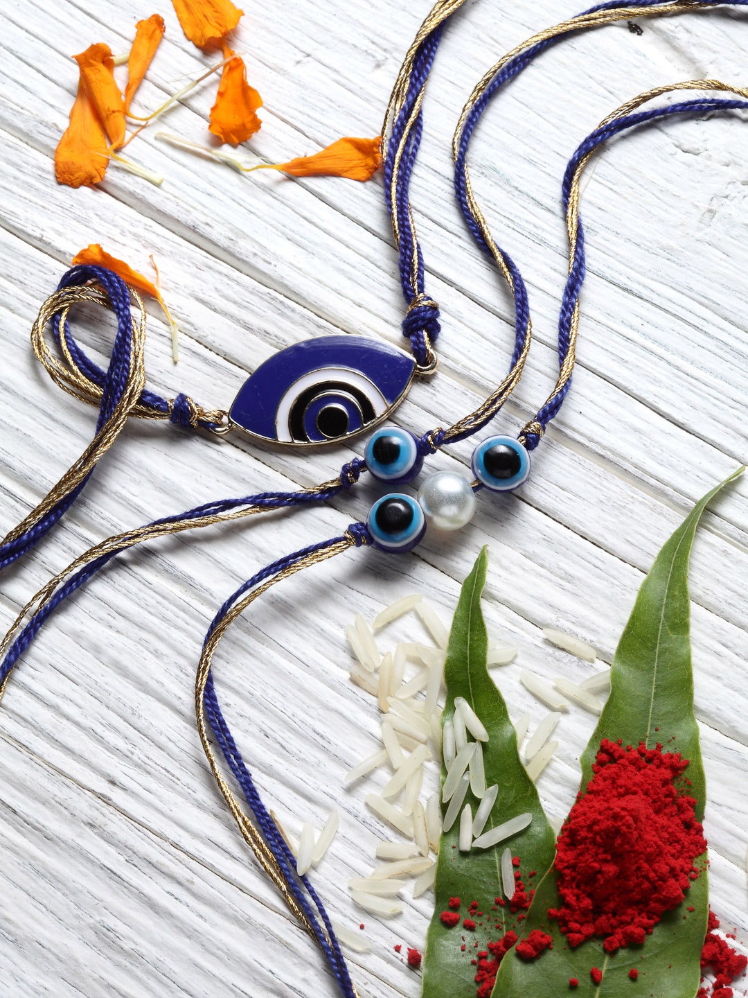 

DUGRISTYLE Set Of 3 Gold-Plated Evil-Eye & Pearl Beaded Rakhi With Roli & Chawal