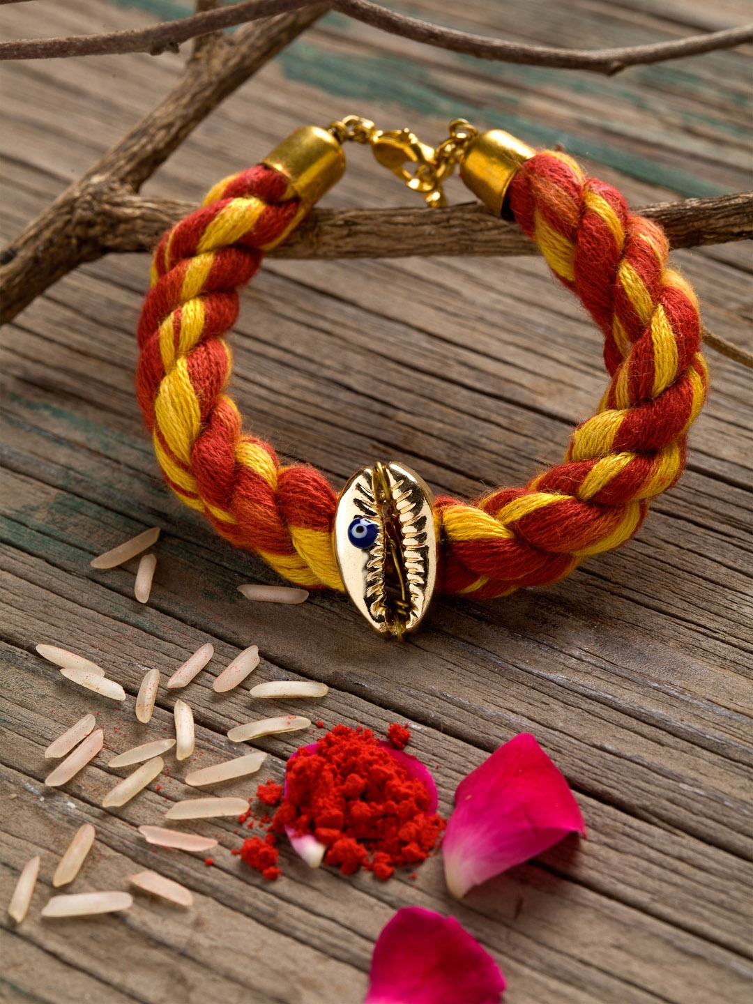 

DUGRISTYLE Gold-Plated Red & White Gemstone-Studded Evil Eye Rakhi With Roli & Chawal