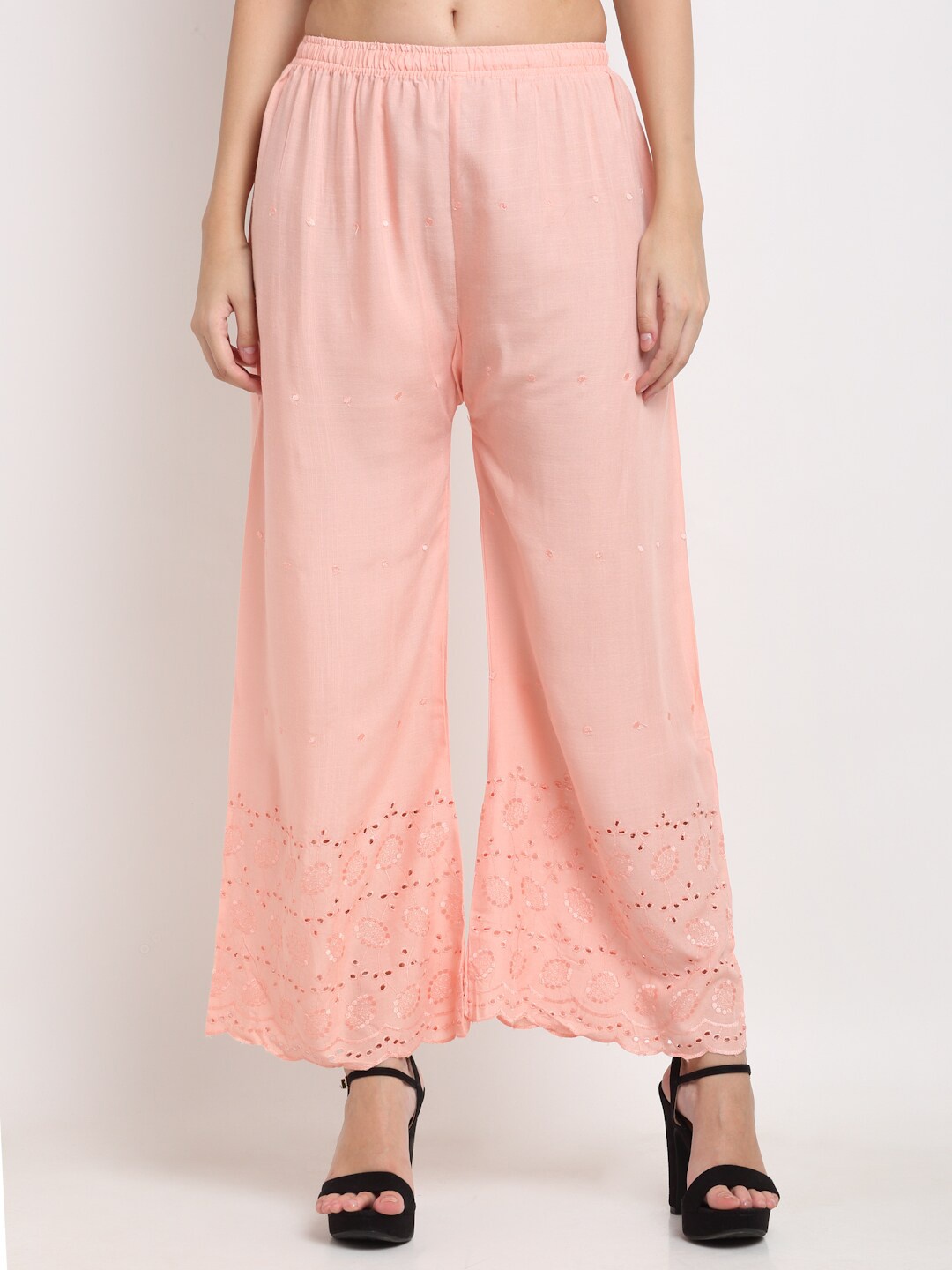 

Miaz Lifestyle Women Peach-Coloured Self Design Wide Leg Palazzos