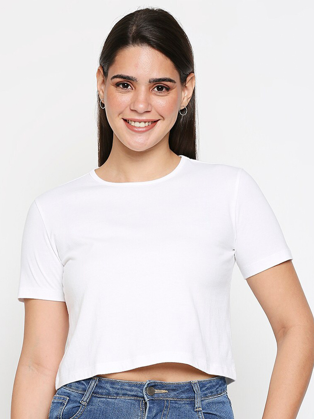 

20Dresses Women White Solid Cotton Crop Pure Cotton T-shirt