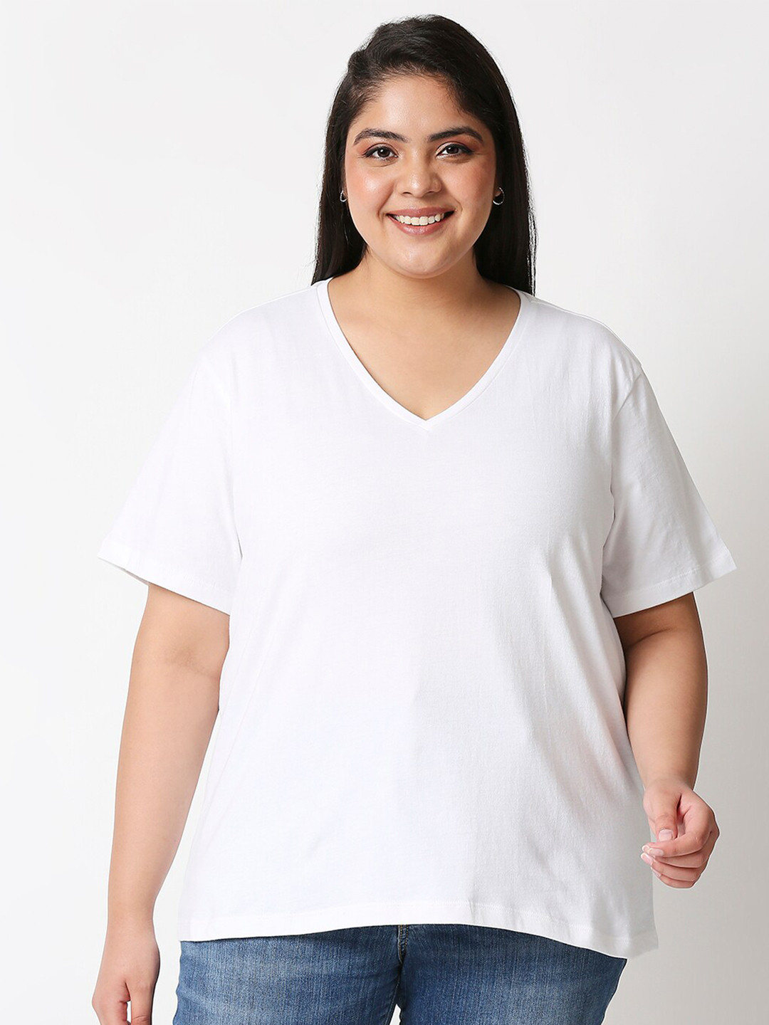 

20Dresses Women White V-Neck Pure Cotton T-shirt