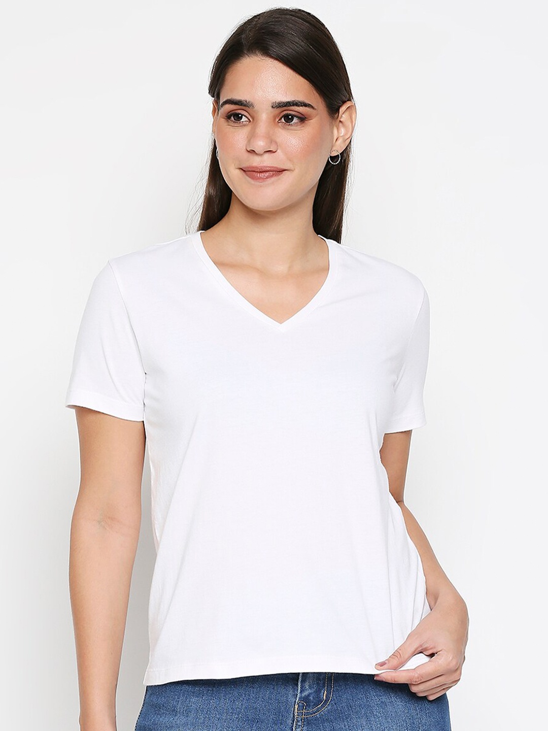 

20Dresses Women White Solid V-Neck Cotton Pure Cotton T-shirt