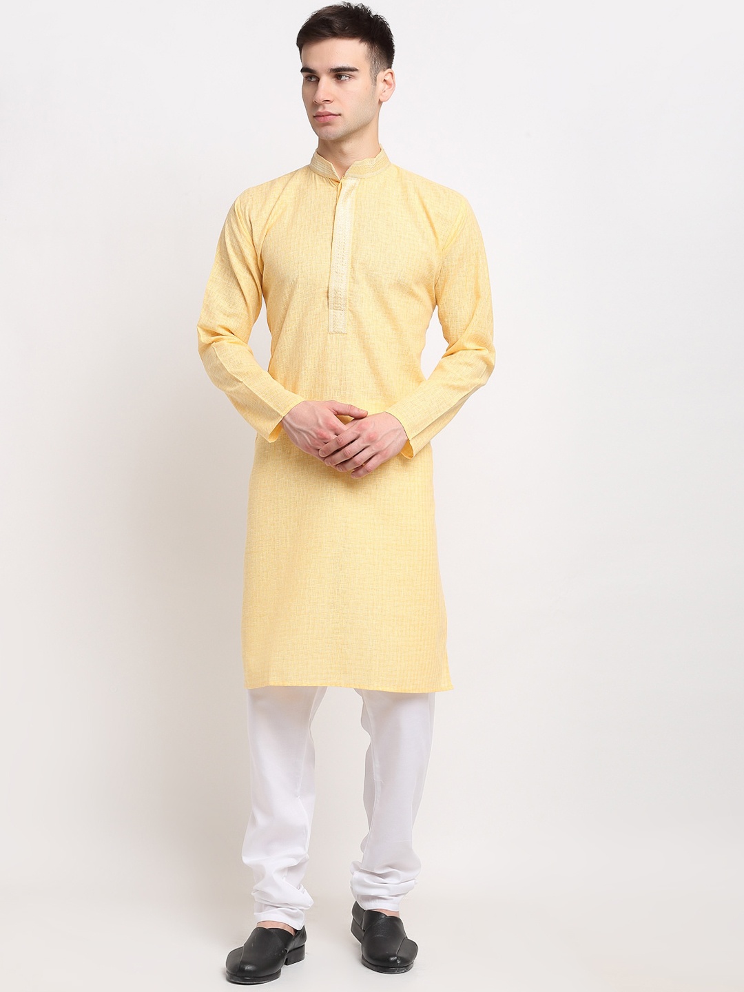 

Jompers Men Yellow & White Woven Design Pure Cotton Kurta With Churidar