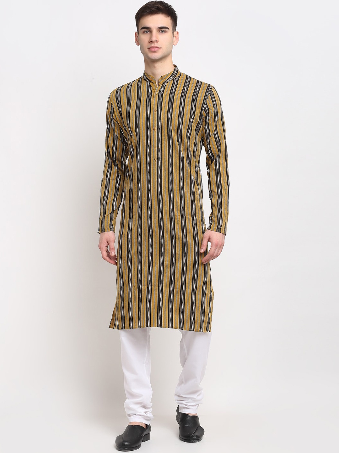 

Jompers Men Mustard Yellow Striped Regular Pure Cotton Kurta with Churidar