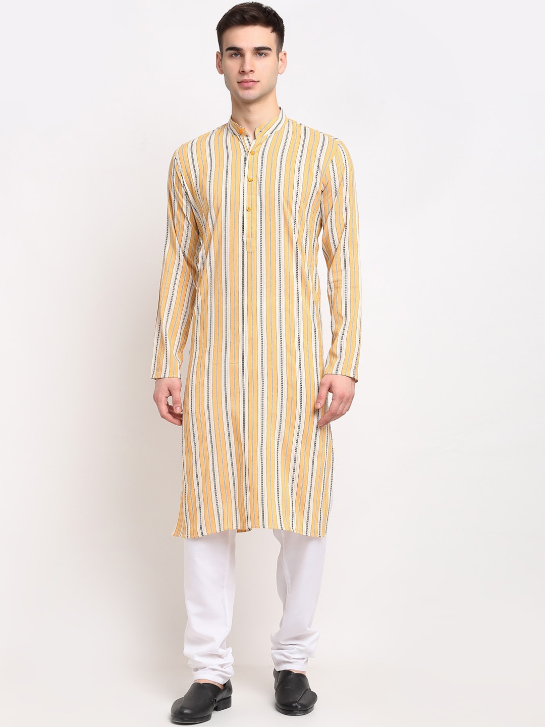 

Jompers Men Yellow & White Striped Regular Pure Cotton Kurta with Pyjamas