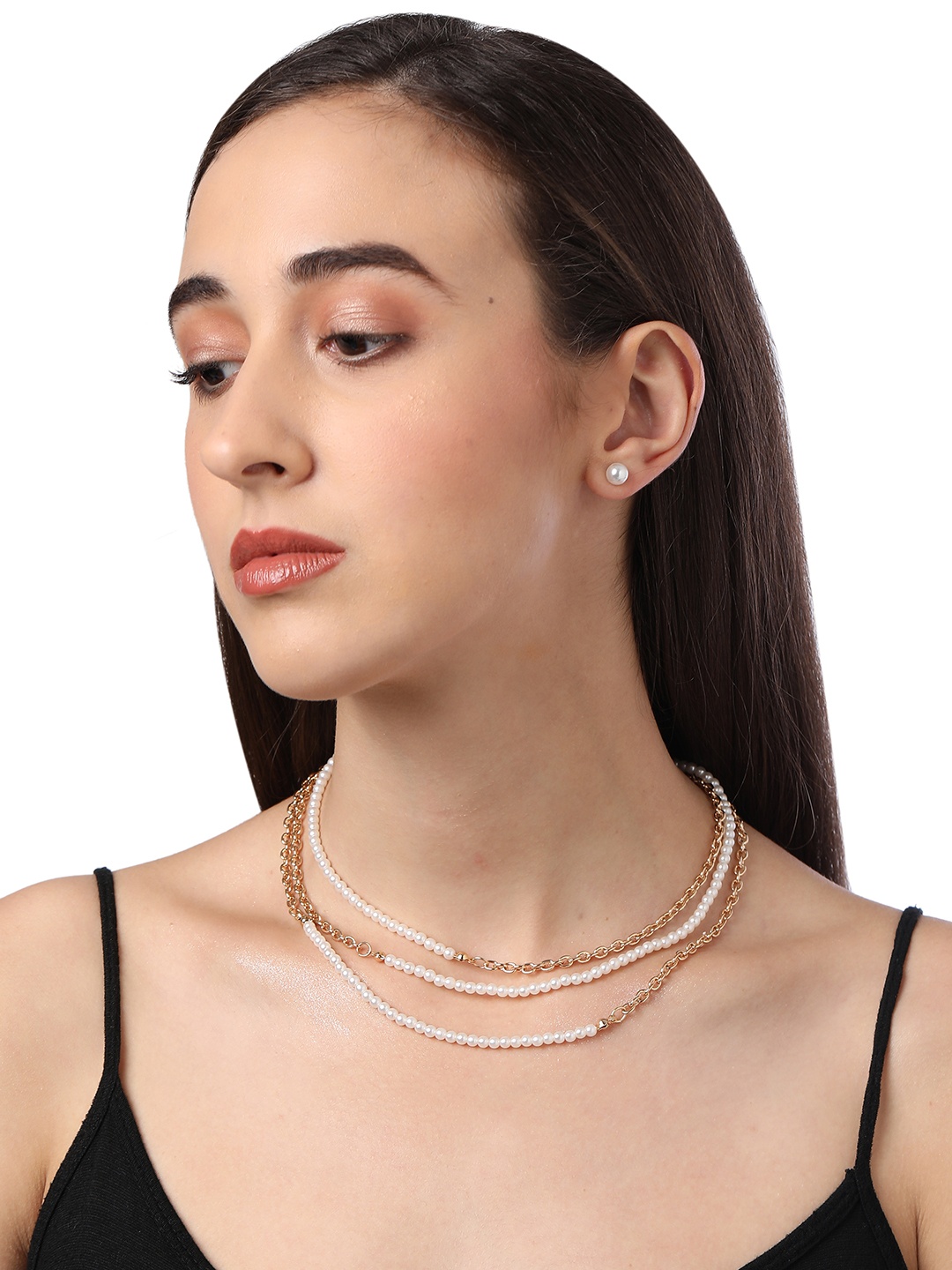 

AMI Gold-Plated White Pearl Beaded Layered Jewellery Set