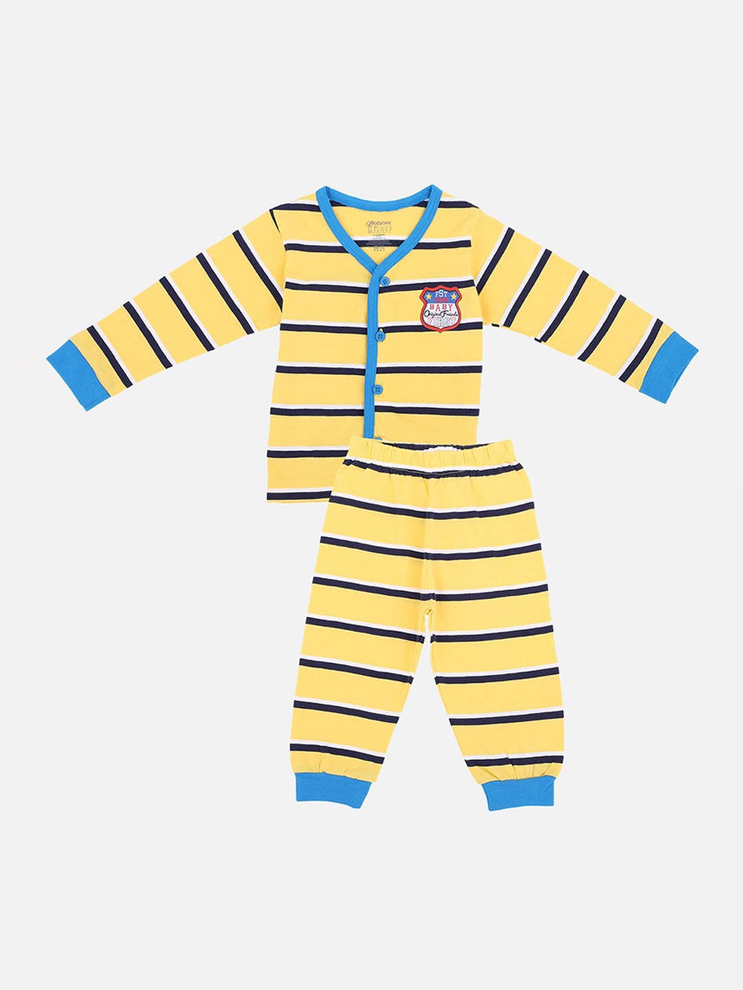 

Bodycare Kids Boys Yellow & Blue Striped Front Open Night Suit