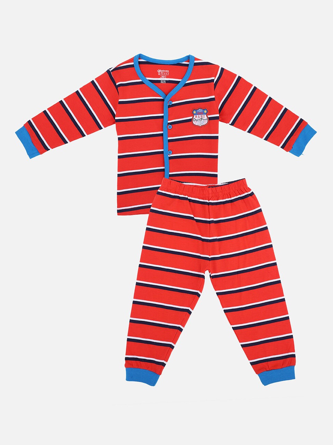 

Bodycare Kids Boys Red & Navy Blue Striped Night Suit