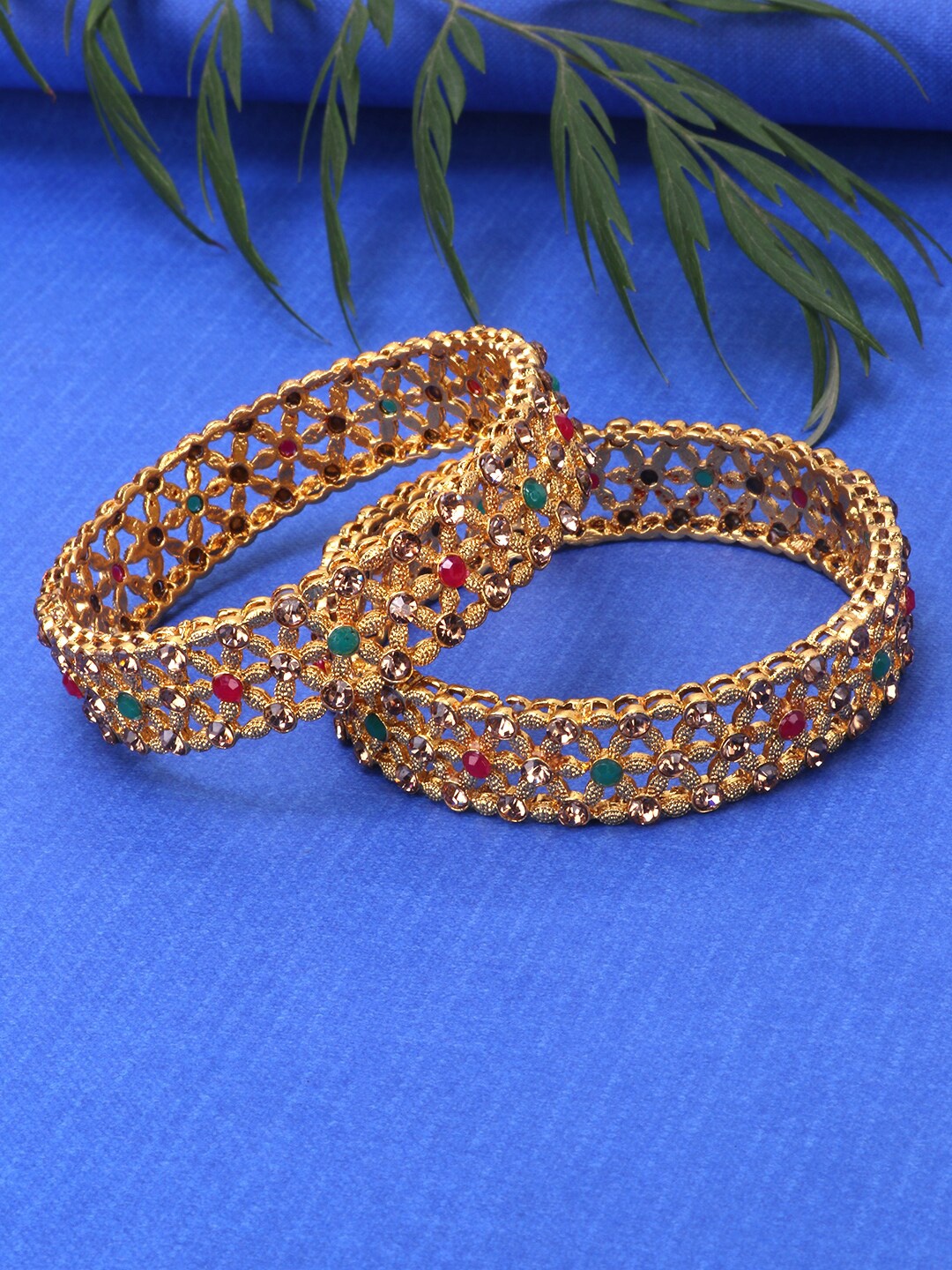 

JEWELS GEHNA Womens Set of 2 Traditional Stone Studded Kada/Bangles, Multi